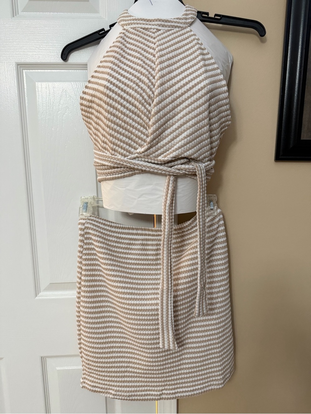 Striped Halter Knit Two-Piece Dress in Beige and White